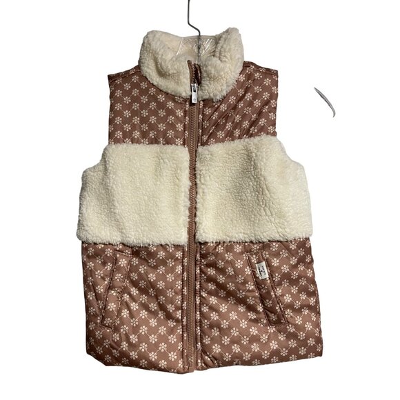 Lucky Brand Girls Floral Quilted Sherpa Vest Size 6 Warm Brown Cream Colorway - Picture 1 of 7